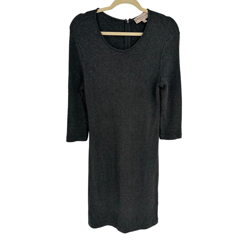 Philosophy Gray Knit Midi Sweater Dress L Large 3/4 Sleeve Crewneck Academia EUC